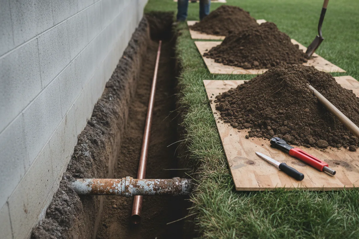 Excavated water line trench during Sewer Line Repair in Amherst
